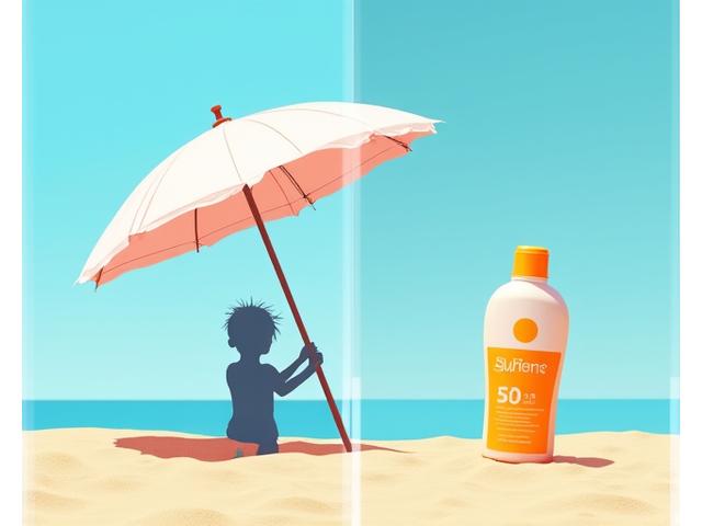 Conceptual image showing an umbrella effectively blocking sunlight compared to a bottle of sunscreen